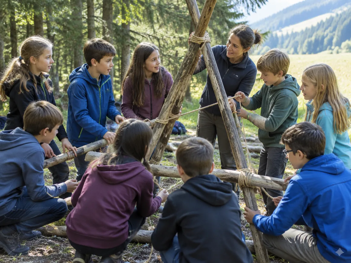 Schulklasse baut gemeinsam eine Konstruktion aus Holzstangen im Wald