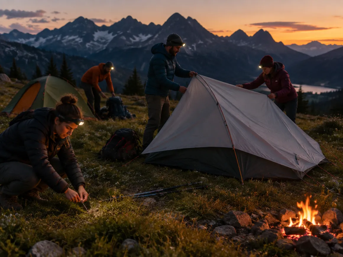 Team baut ein Lager auf einer Alpwiese auf