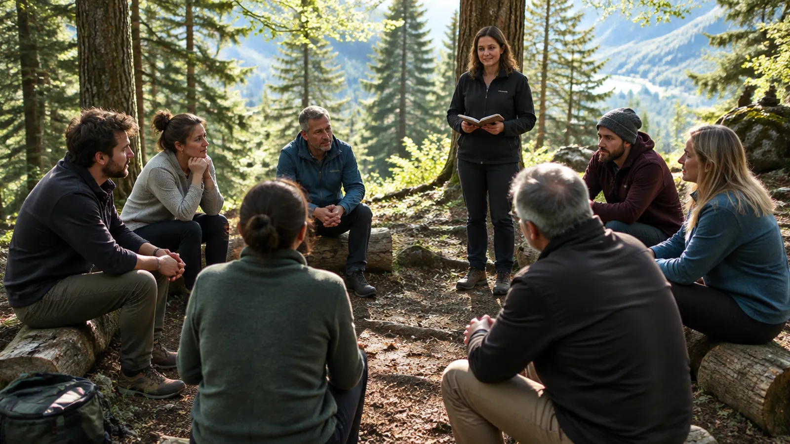 Gruppe im Reflexionskreis im Wald
